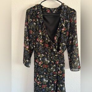 Madewell Wrap Long Sleeve Sheer Lined Dress Short Women’s Floral Black V Neck